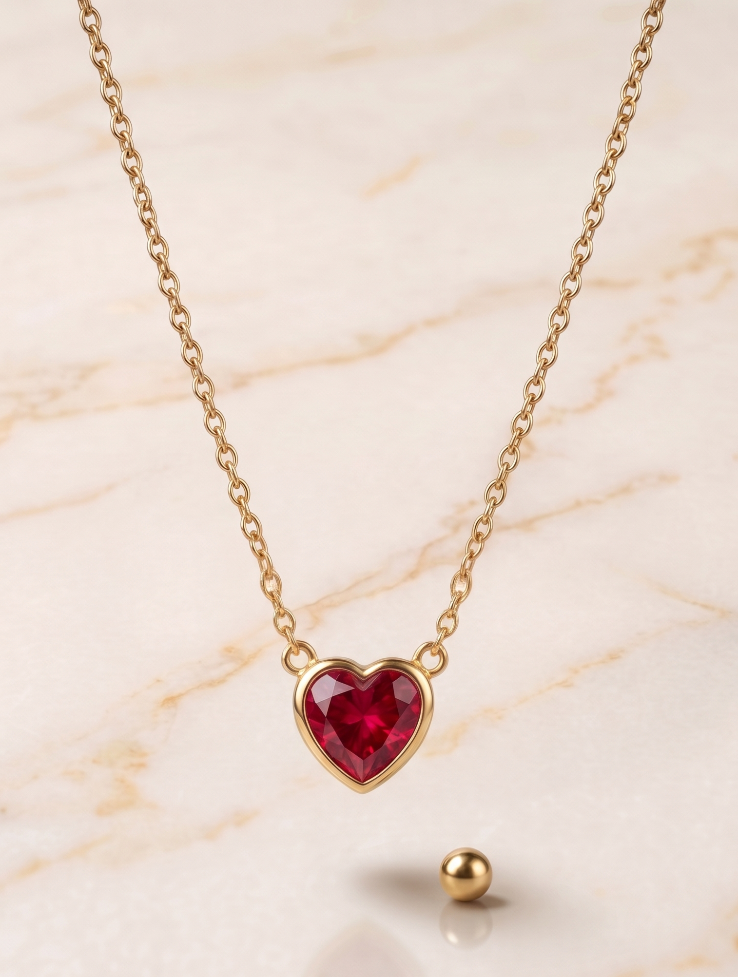 The contrast between the deep red of the faceted crystal and the warm glow of the gold metal creates a unique piece of distinction.